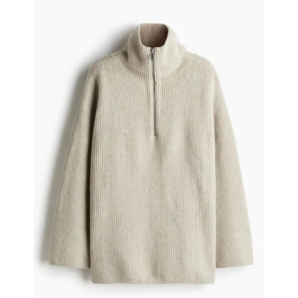 H&M light weight beige melange wool blend ribbed quarter zip sweater small